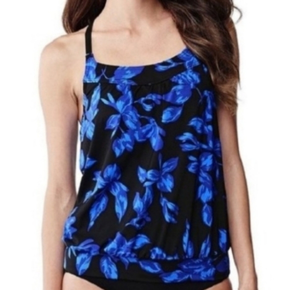 Lands' End Blouson Black & Blue Floral Tankini Swim Top Sz 10 DD - Picture 1 of 15